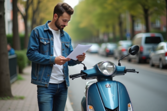 Jeune homme examine ses documents près d'un scooter en ville