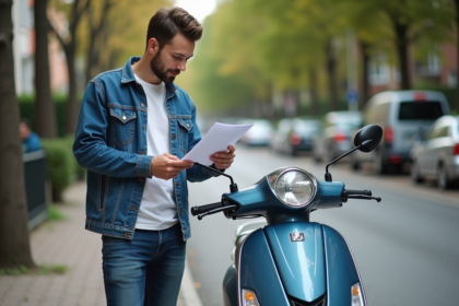 Jeune homme examine ses documents près d'un scooter en ville