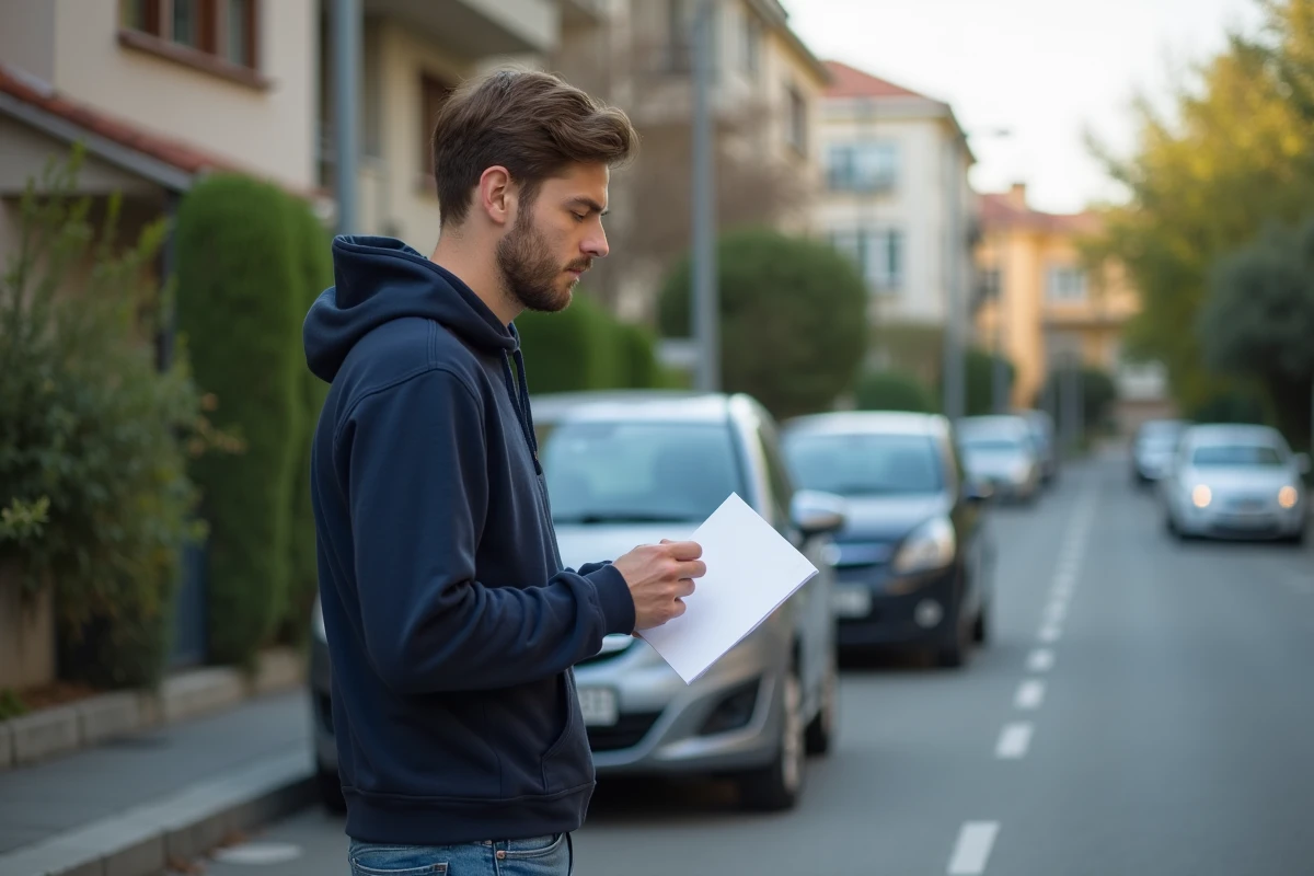Jeune homme avec lettre devant une voiture dans la rue