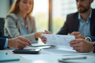 Jeune professionnel discutant avec un agent d'assurance dans un bureau lumineux