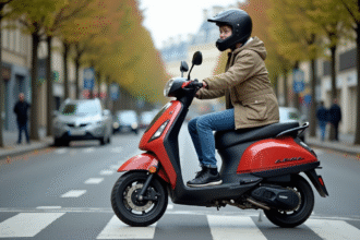 Jeune garçon en scooter à Paris en attente au passage piéton