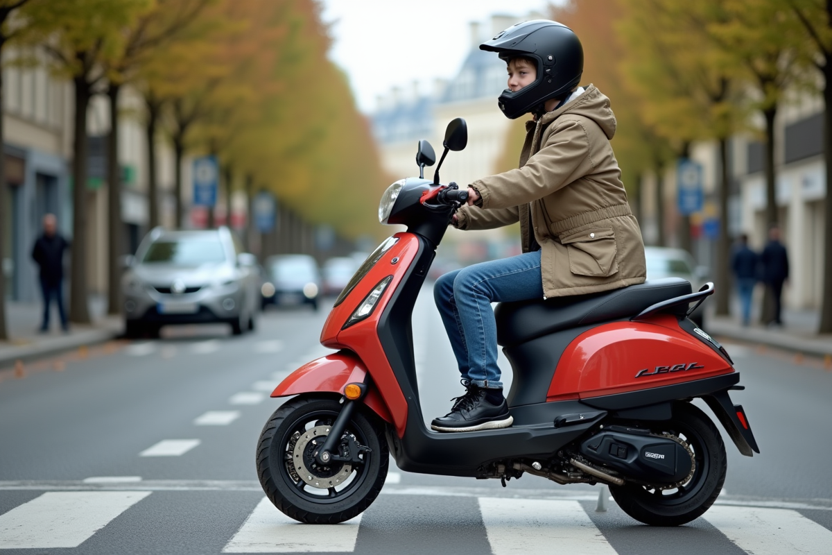 Jeune garçon en scooter à Paris en attente au passage piéton