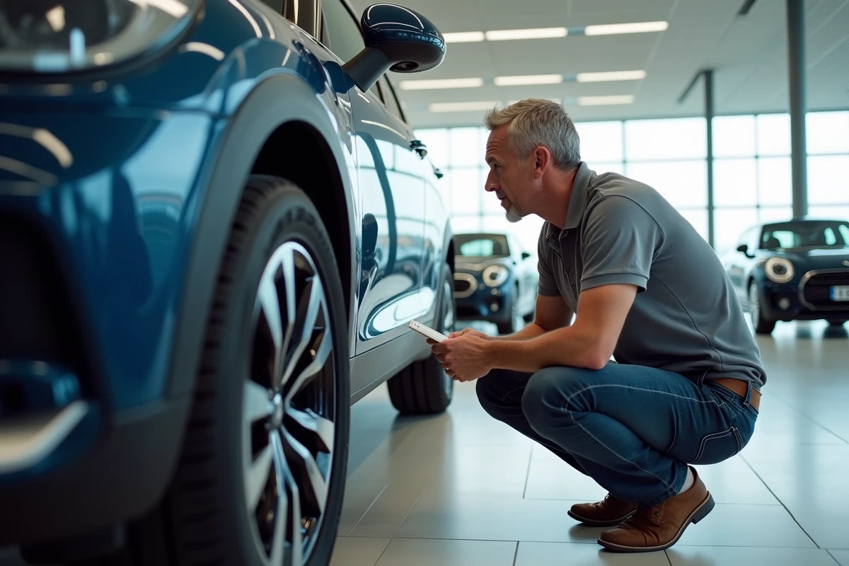Journaliste automobile inspectant une voiture familiale fiable dans un showroom