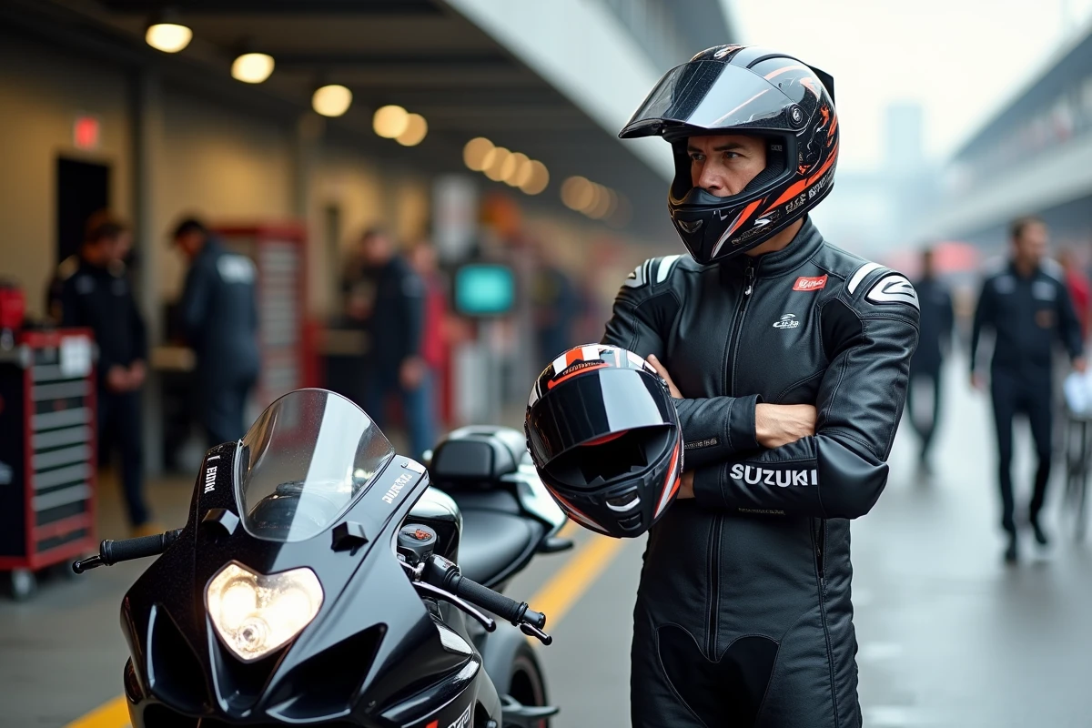 Journaliste moto en tenue de piste analysant une Suzuki GSX-R 750 dans les stands du circuit