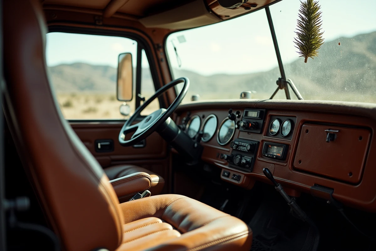 Intérieur authentique de la cabine d'un Kenworth W900A avec tableau de bord analogique, sièges en cuir usé et radio CB montée
