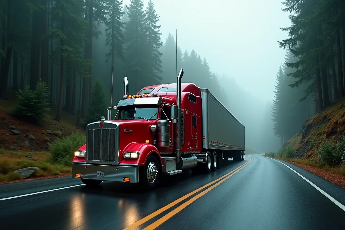 Kenworth W900A rouge et noir sur une route de montagne sinueuse dans une forêt de pins du Pacifique Nord-Ouest sous la brume matinale