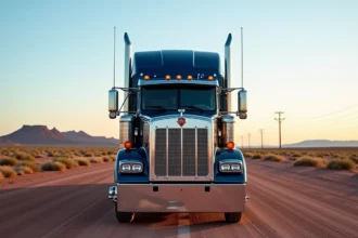 Kenworth W900A garé sur une aire de repos désertique américaine, vue 3/4 avant mettant en valeur le long capot chromé et la cabine iconique