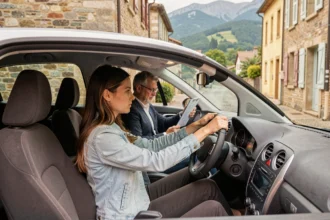 Jeune femme au volant lors d'une leçon de conduite avec un moniteur auto-école dans les Hautes-Pyrénées