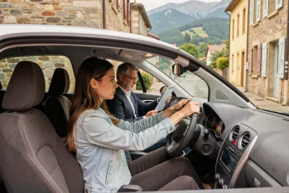 Jeune femme au volant lors d'une leçon de conduite avec un moniteur auto-école dans les Hautes-Pyrénées