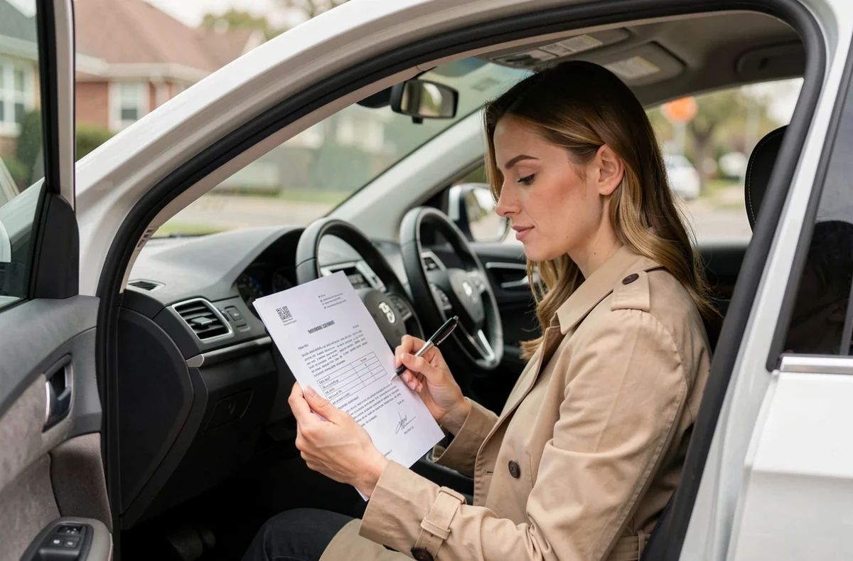Femme lisant une lettre de résiliation d'assurance voiture assise dans sa voiture