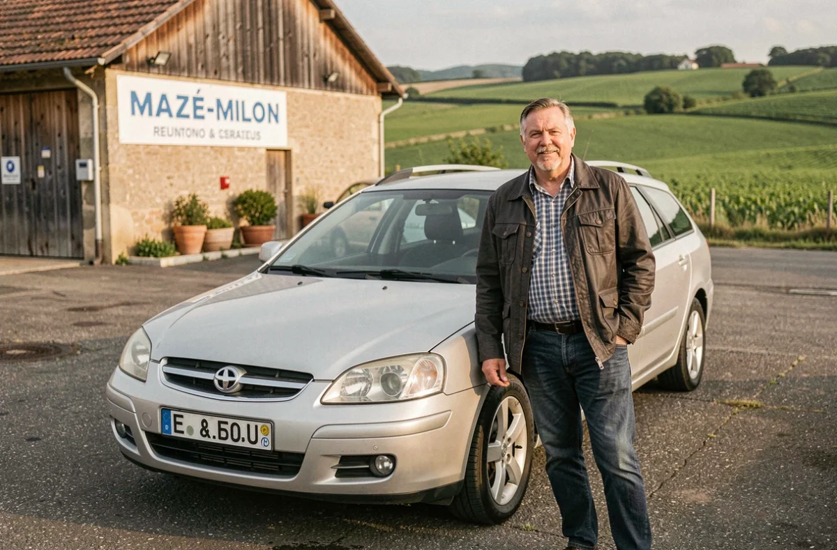 Gérant de LG Automobiles à Mazé-Milon posant devant un véhicule d'occasion avec la campagne angevine en arrière-plan