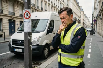 Livreur masculin devant une camionnette blanche examinant un panneau de zone à faibles émissions dans une rue urbaine