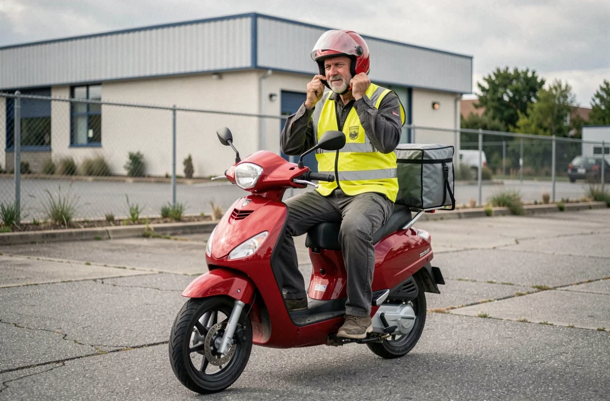 Livreur professionnel ajustant son casque sur un scooter 125cc dans une zone industrielle de banlieue