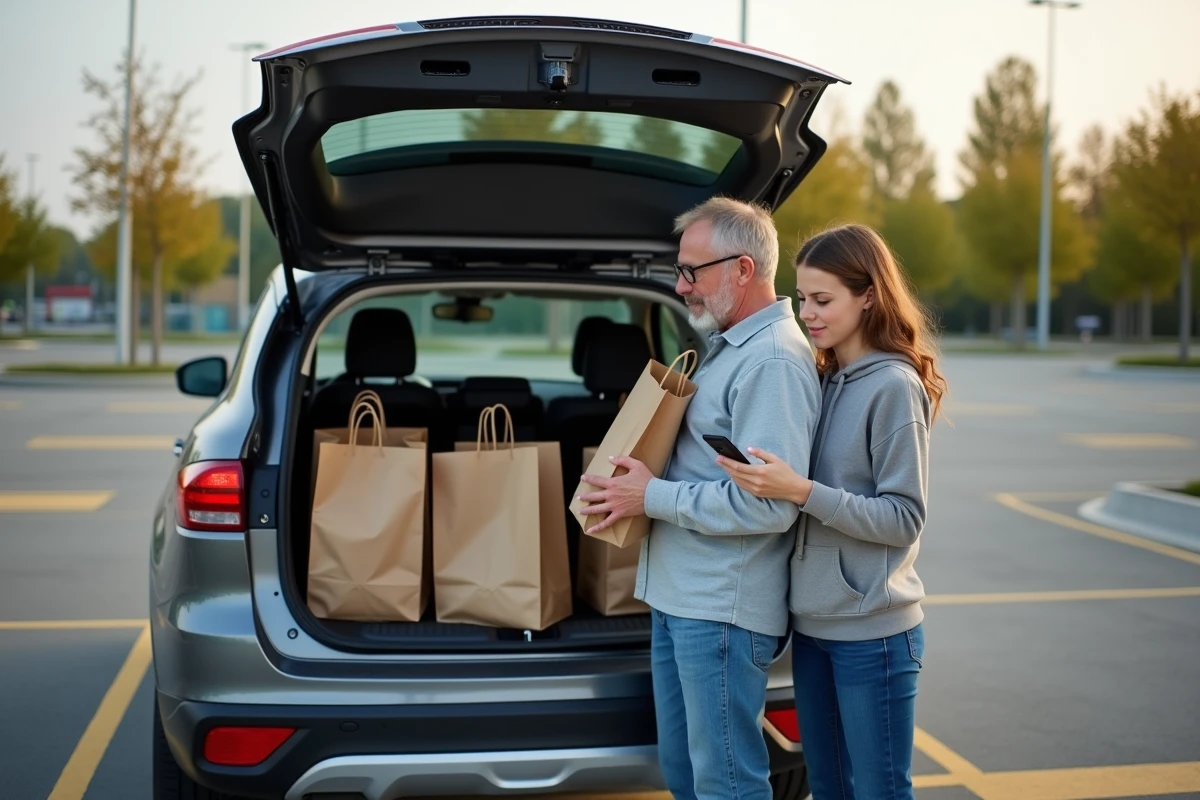 Parent chargeant les courses dans le coffre de son SUV familial