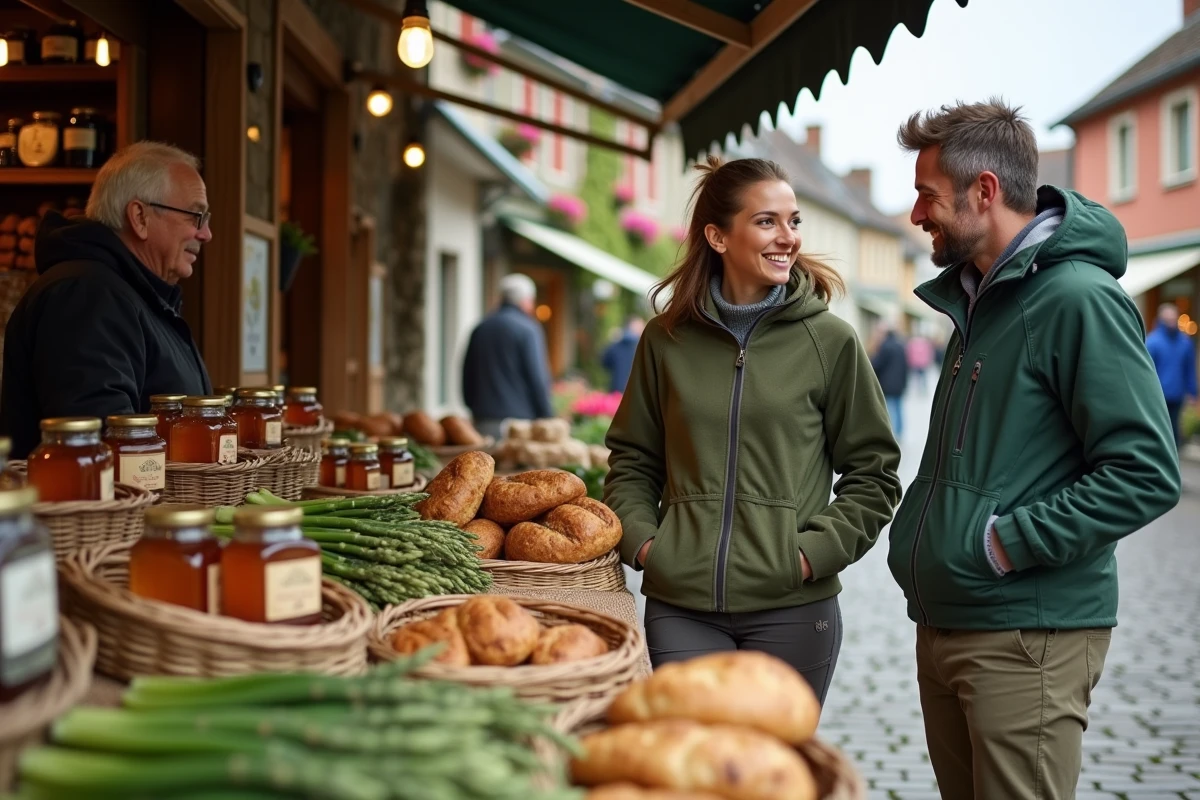 Couple explorant un marché local landais avec des produits régionaux typiques comme le foie gras et les asperges, ambiance village gascon