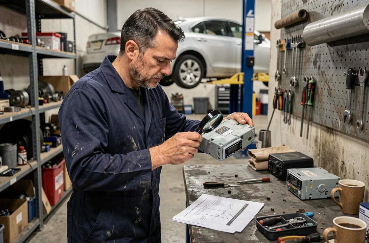 Mécanicien inspecte un autoradio d'occasion retiré d'une Renault dans un atelier pour retrouver le code radio