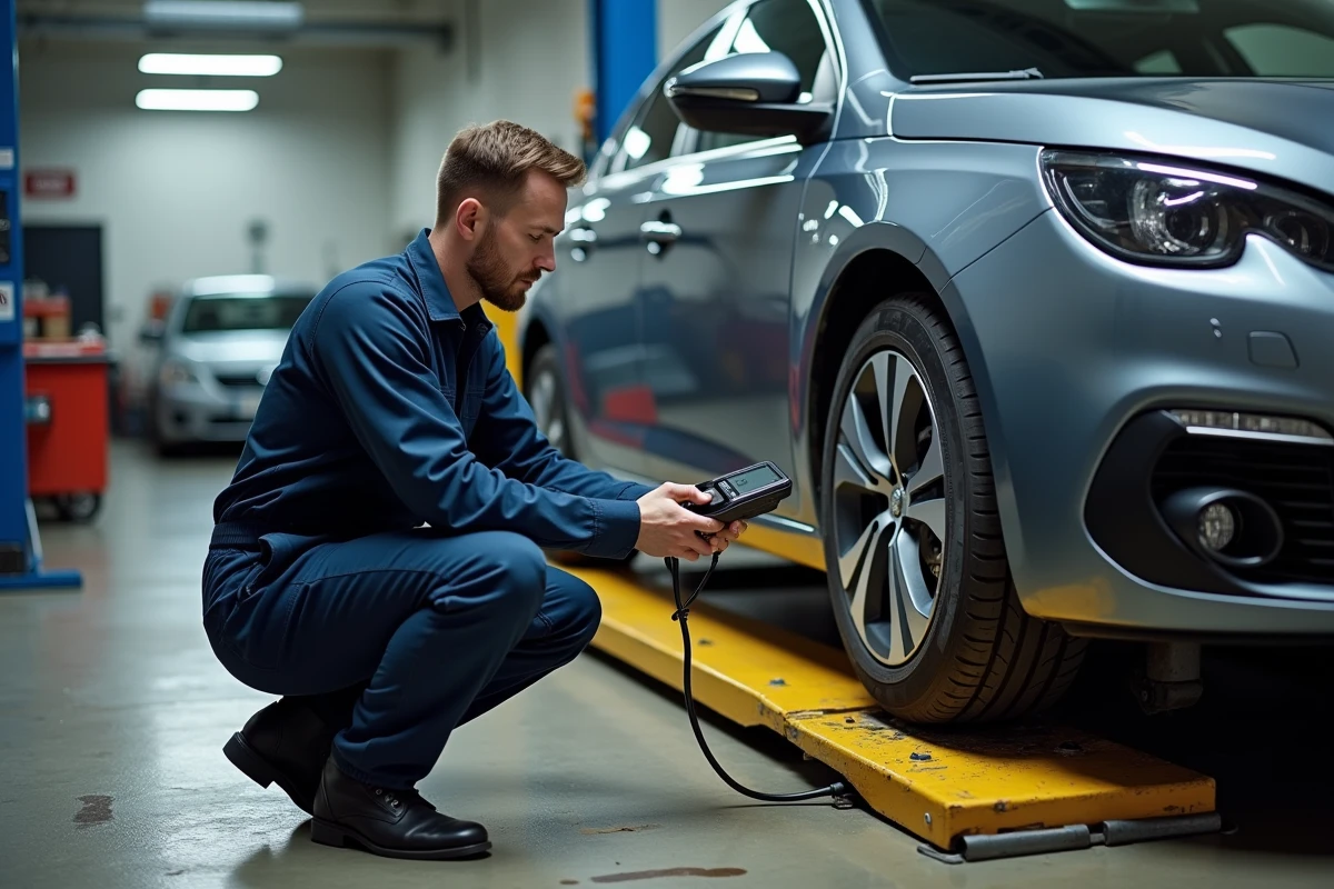 Mécanicien utilisant un outil de diagnostic OBD2 pour lire le code P1445 sur une Peugeot en atelier