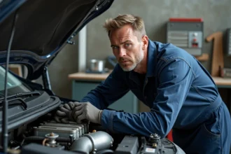 Mécanicien inspectant le moteur 1.6 TDI 105 d'un véhicule d'occasion dans un garage indépendant