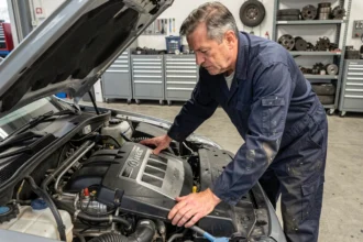 Mécanicien inspectant un moteur diesel turbocompressé 2.0 BiTDI dans un atelier automobile professionnel