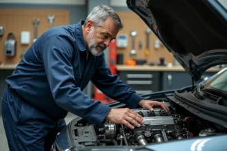 Mécanicien inspectant un moteur TCe turbocompressé dans un atelier automobile professionnel