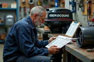 Mécanicien marin consultant un tableau de conversion CC en CV pour calculer la puissance d'un moteur hors-bord