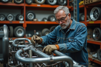Mécanicien homme en denim assemble un sidecar dans un atelier