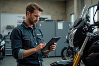 Mécanicien homme examinant une moto dans un centre de contrôle technique