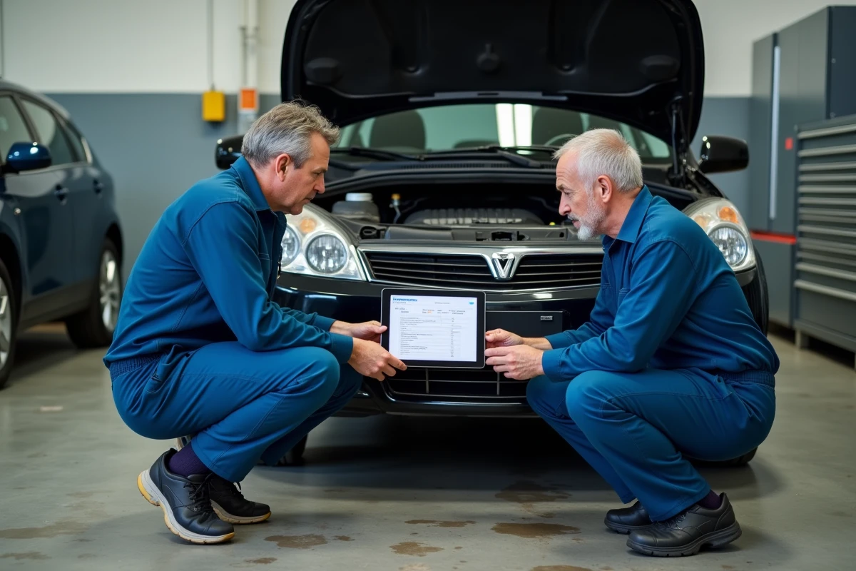 Mécanicien et propriétaire de voiture consultant un rapport CarVertical sur tablette dans un garage automobile