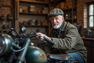 Mécanicien âgé examinant une moto sidecar vintage dans un atelier rustique