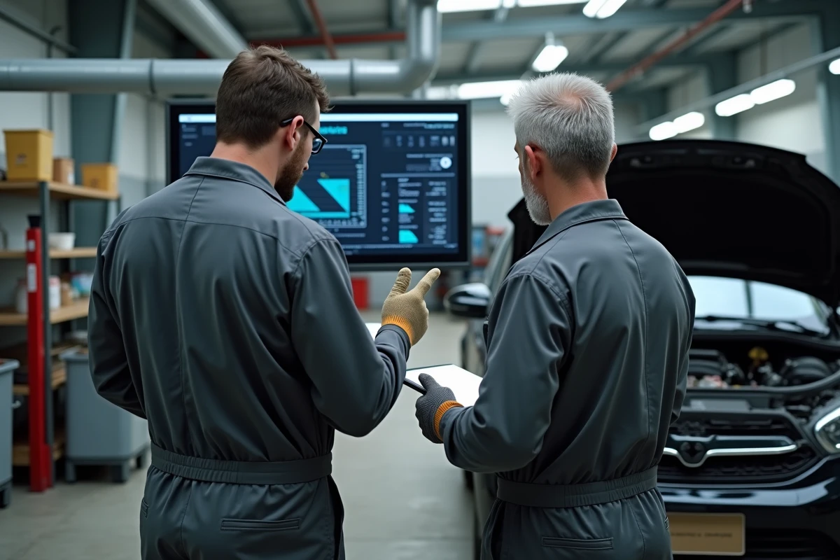 Deux mécaniciens en atelier automobile consultant des schémas techniques sur écran mural via un système de données professionnelles