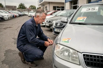 Mécanicien inspectant un autocollant Crit'Air 2 sur un diesel d'occasion dans un parking de concessionnaire en France