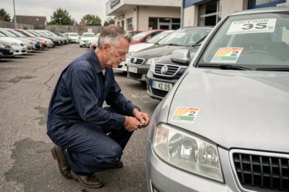 Mécanicien inspectant un autocollant Crit'Air 2 sur un diesel d'occasion dans un parking de concessionnaire en France