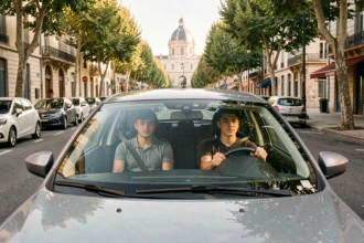 Élève en auto-école au volant d'une voiture moderne dans une rue ensoleillée de Toulouse, avec un moniteur assis côté passager