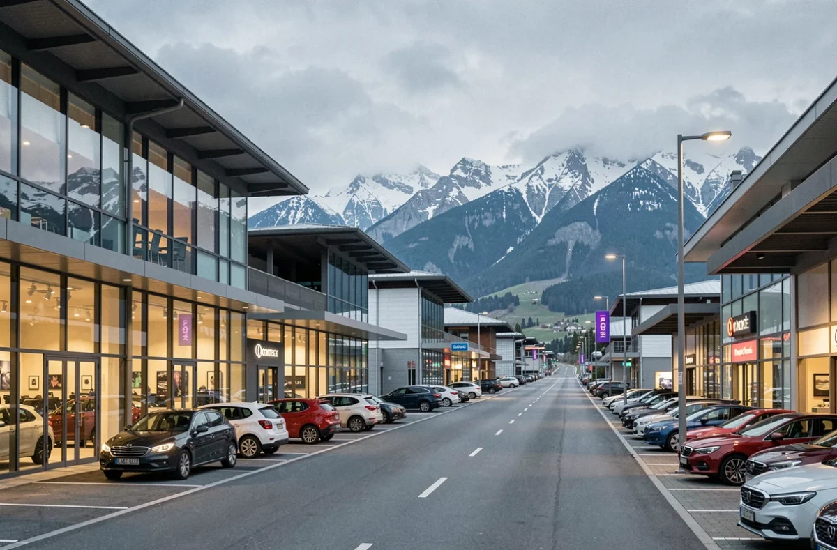 Vue panoramique d'un ensemble de concessions automobiles en Haute-Savoie avec les Alpes en arrière-plan