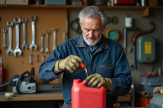 Mécanicien préparant le mélange essence huile pour moteur 2 temps dans un atelier