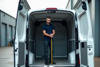 Homme mesurant l'intérieur d'un Renault Trafic 2 L1H1 avec un mètre ruban jaune, debout dans la zone de chargement du véhicule utilitaire aux portes arrière ouvertes
