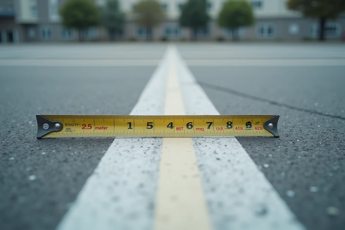 Mesure précise de la largeur d'une place de parking avec un mètre ruban sur asphalte urbain