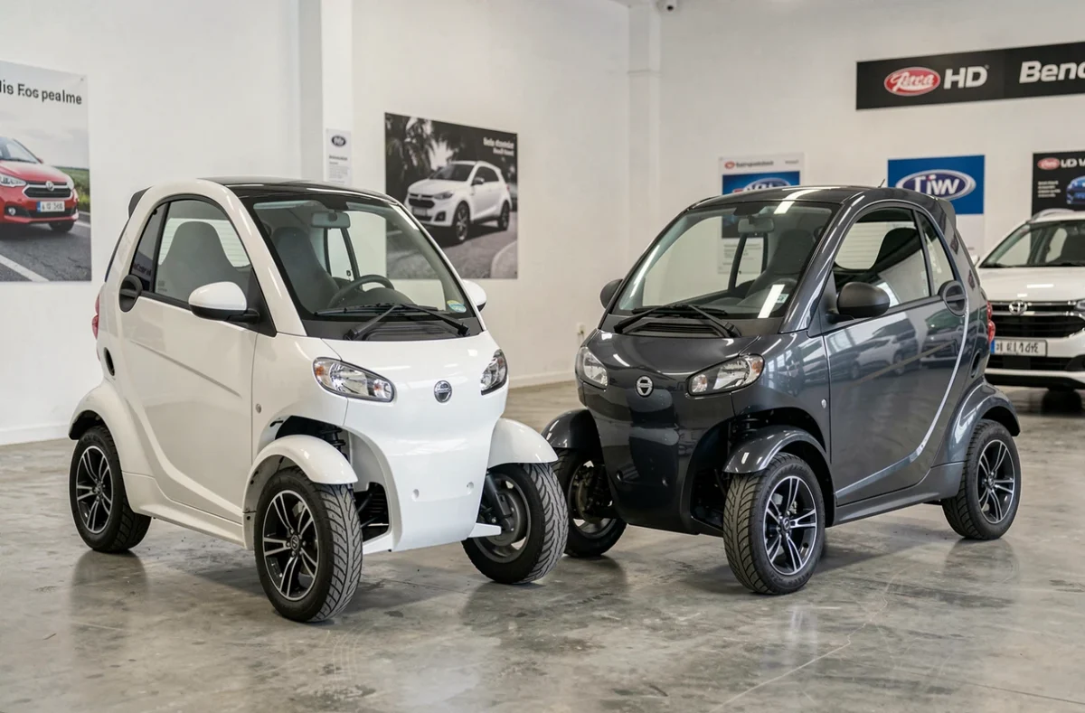 Deux modèles de voitures sans permis exposés dans un showroom de concessionnaire automobile