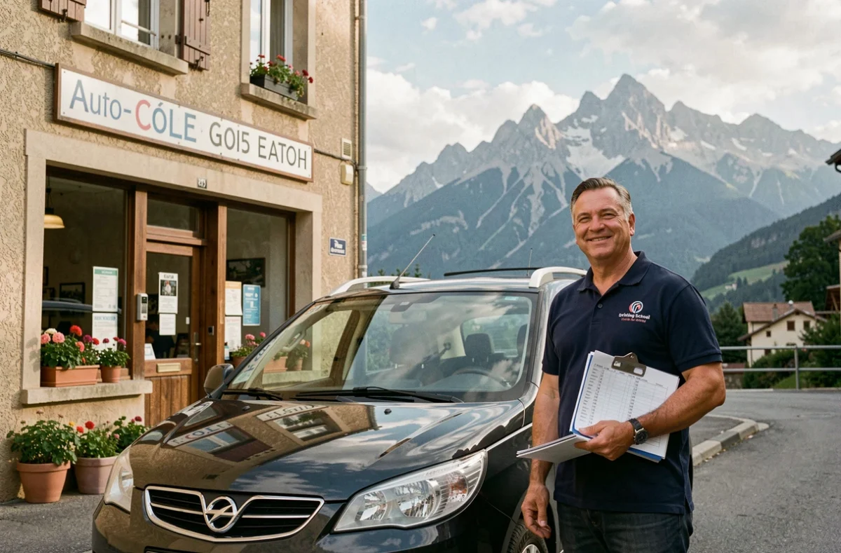 Moniteur d'auto-école devant son établissement avec vue sur les Pyrénées en arrière-plan