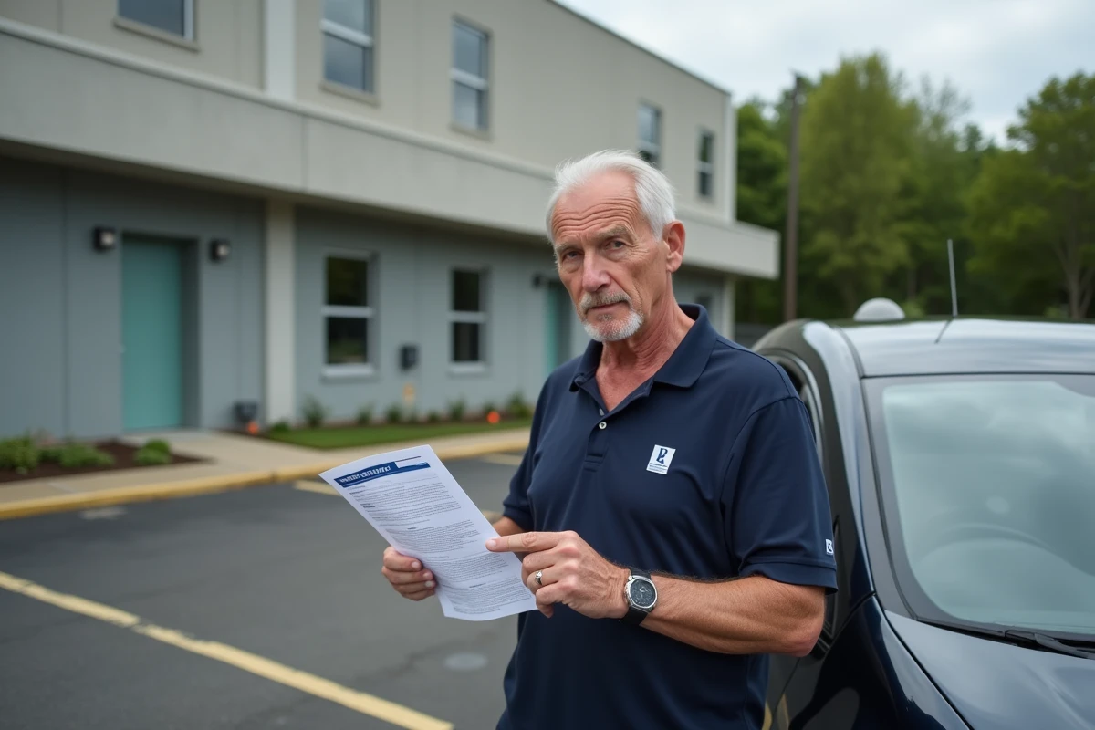 Moniteur d'auto-école expliquant les questions de vérification du permis de conduire avec un document PDF