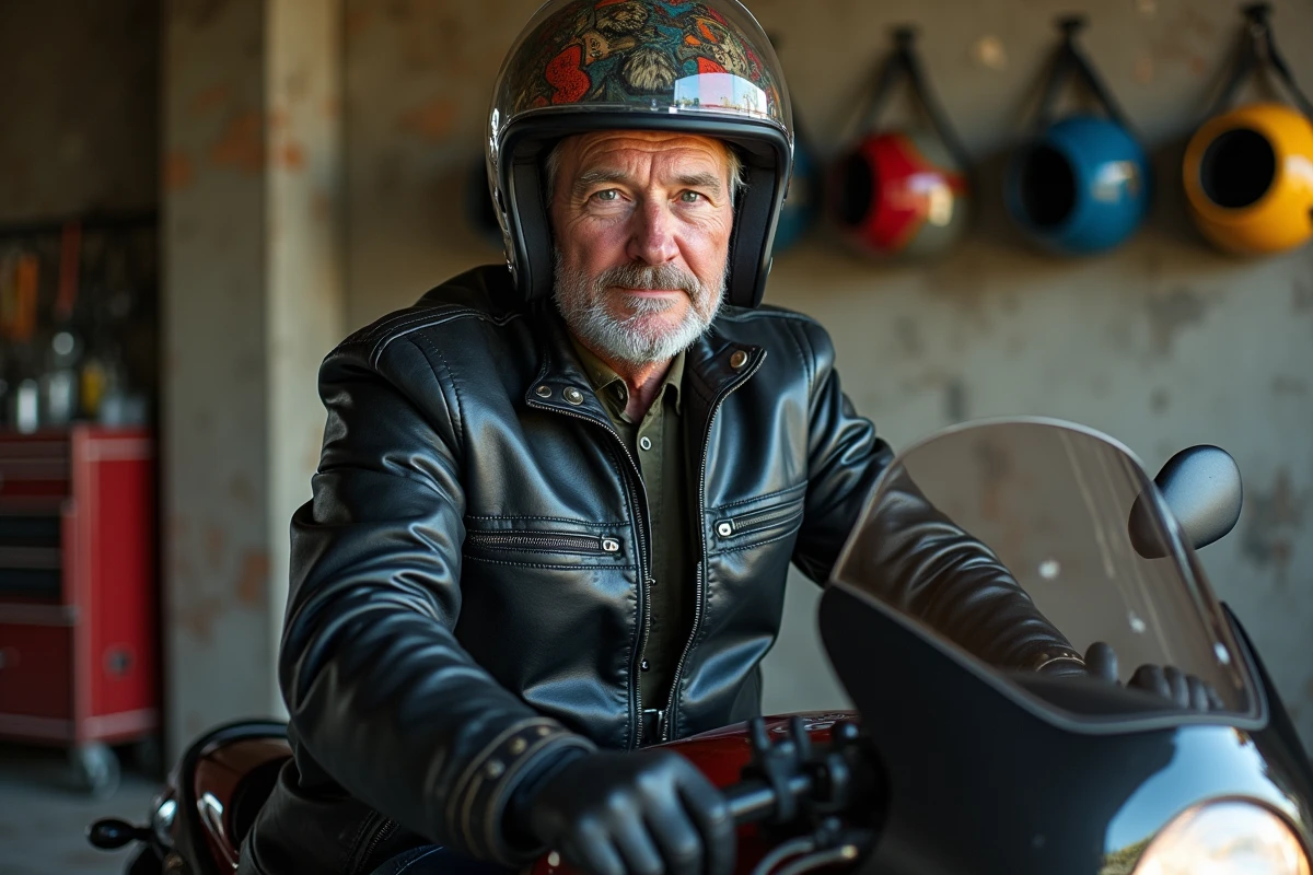 Motard expérimenté assis sur une GSXR 1100 de 1992 dans un garage urbain, capturant la passion des motos classiques japonaises