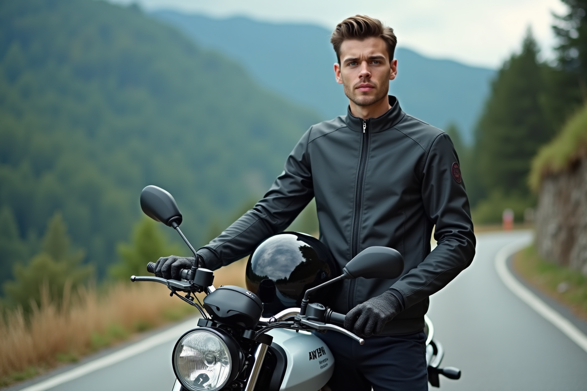 Jeune motard en textile avec moto sportive en montagne