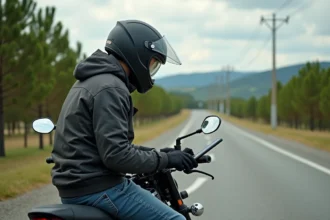 Homme en moto regardant son smartphone sur une route rurale