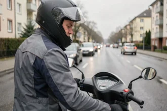 Motard sur un Yamaha XMAX 125 regardant le compteur de vitesse sur une route urbaine