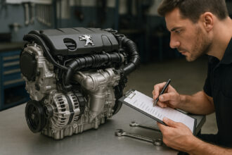 Photo hyperrealiste d'un moteur Peugeot sur un plan de travail propre