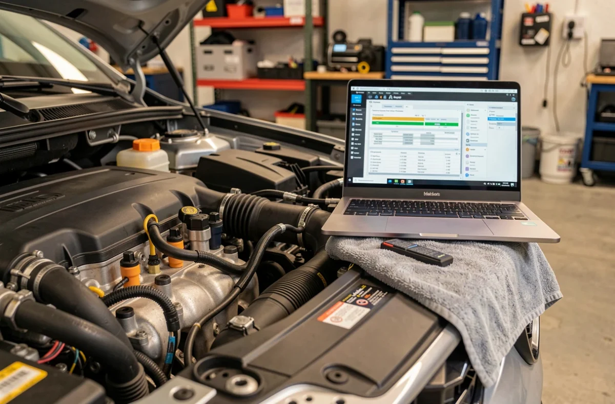 Moteur turbo avec logiciel de reprogrammation E85 affiché sur laptop en atelier Shiftech Lille