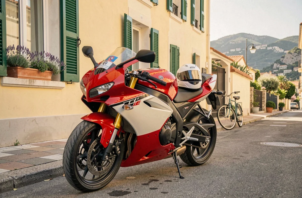 Moto sportive assurée garée devant un bâtiment typique de Nice avec autocollant d'assurance visible
