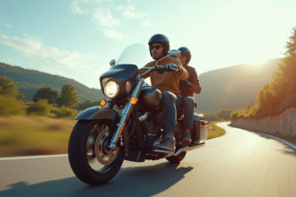 Motard sur une moto de tourisme en pleine nature en journée