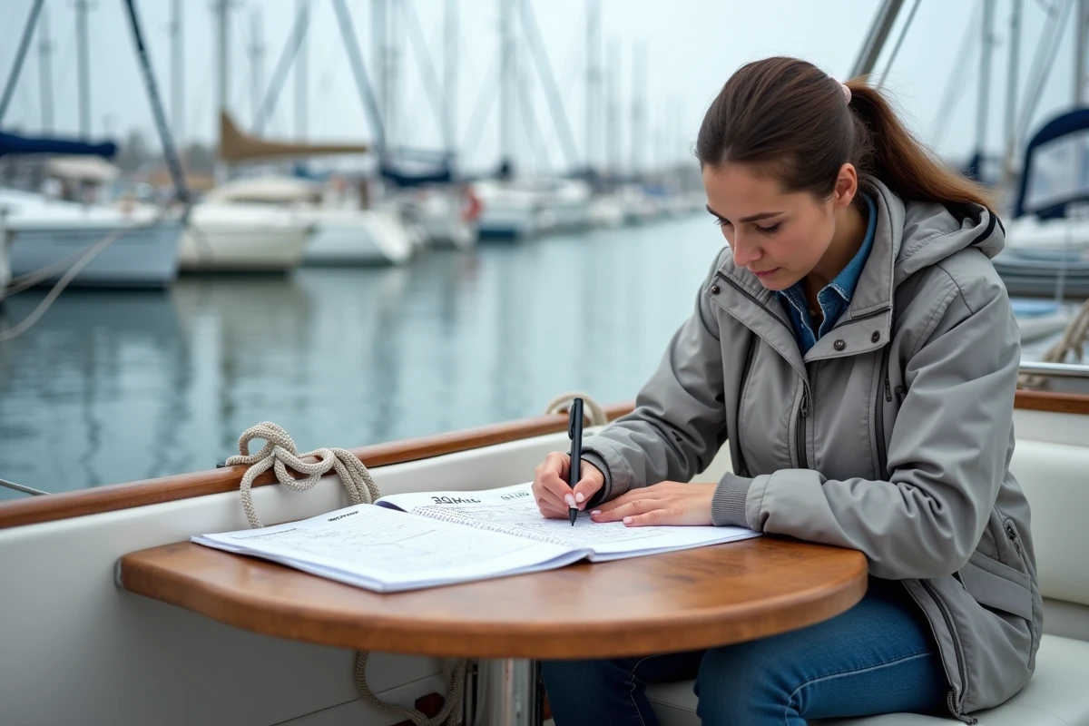 Navigatrice calculant la puissance de son bateau avec un tableau de conversion CC en chevaux-vapeur dans un cockpit de voilier au port