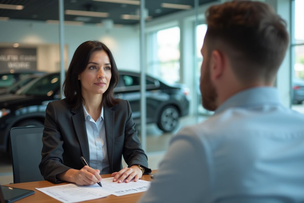 Une femme négocie le prix mensuel d'une Fiat Topolino avec un vendeur dans un bureau de concessionnaire